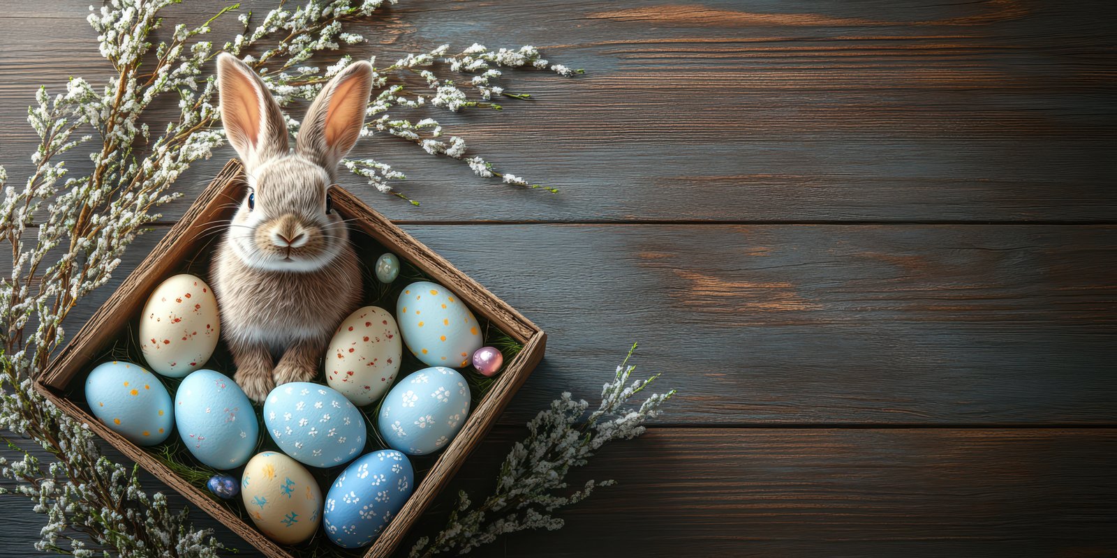 Cute rabbit sits among colorful Easter eggs in wooden basket on rustic table with decorative floral accents